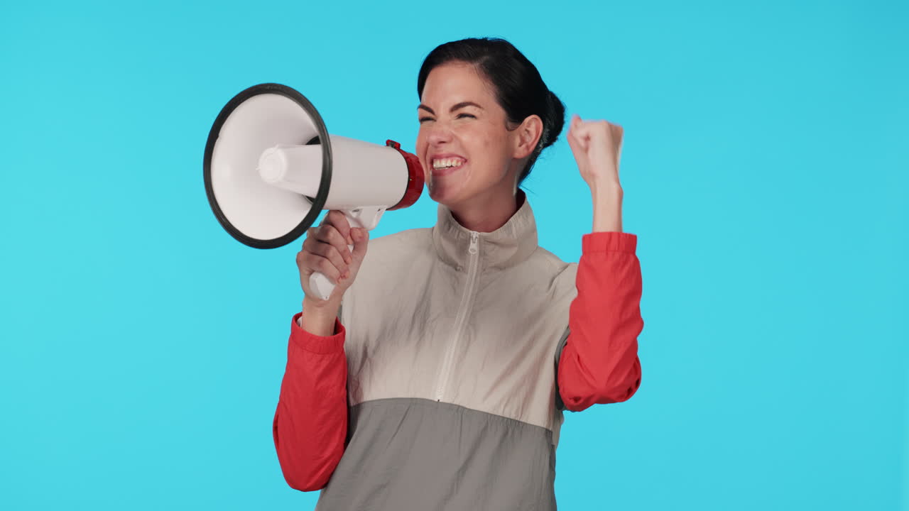 Megaphone, protest and motivation with a woman