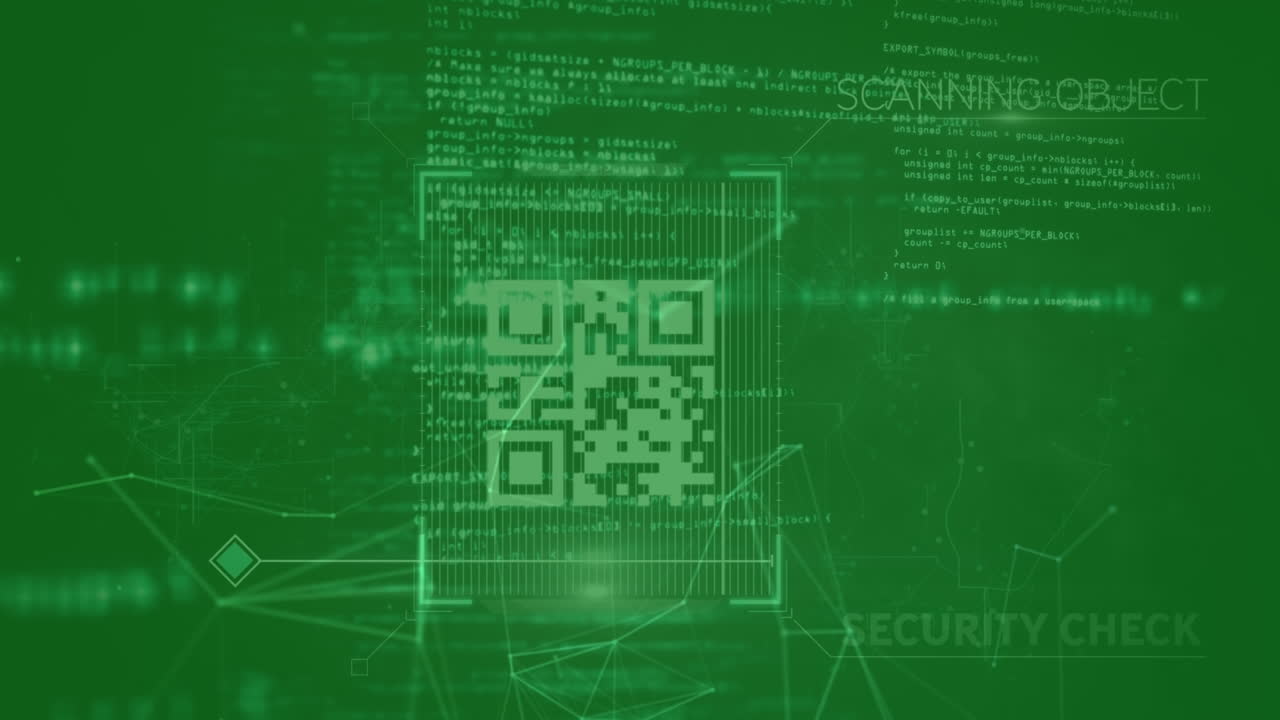 animación del código qr sobre procesamiento digital en fondo verde