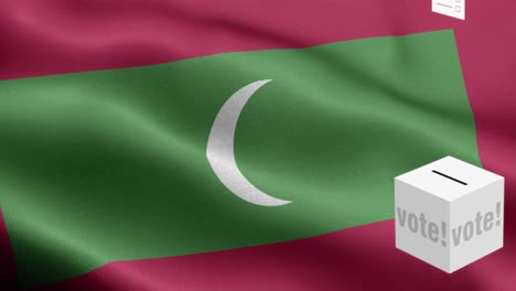las papeletas vuelan a la caja para las maldivas selección - caja de votación delante de la bandera - elección - voto - bandera de las maldivas - bandera de las maldivas alto detalle - bandera nacional maldivas patrón de ondas elementos loopable - textura de tela y bucle sin fin