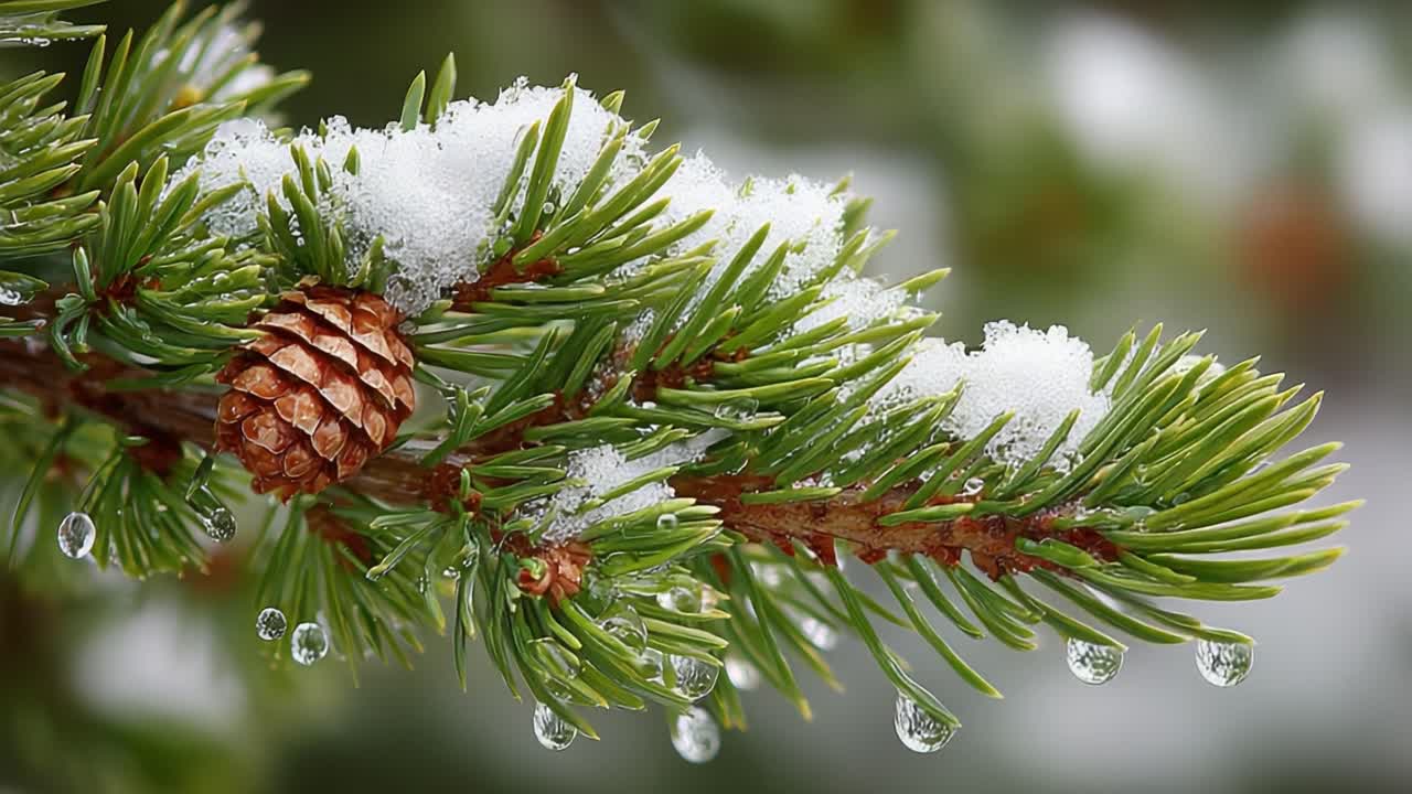 Captivating Close-up of a Snow-Covered Pine Branch Showcasing Pine Cones and Glimmering Water Droplets in a Winter Wonderland