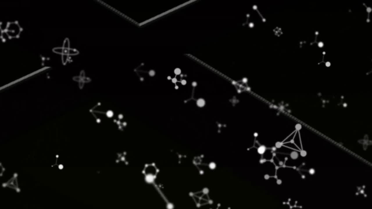 검은 바탕의  ⁇  선에 대해 떠다니는 분자 구조의 디지털 애니메이션