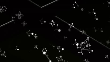 digital animation of molecular structures floating against white lines on black background