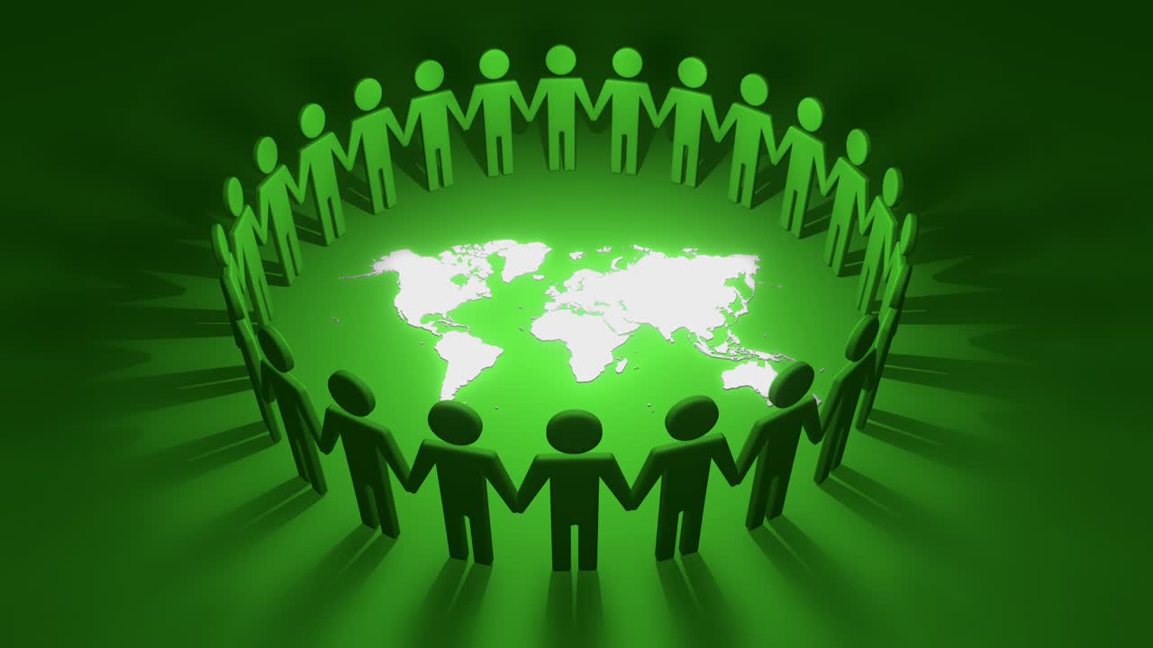 색 세계 지도 배경 주위에 루프 된 원을 형성하는 녹색 실루을 가진 3d 절단 아이콘