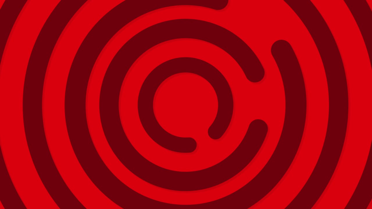 추상적인 애니메이션 배경은 검은색과 빨간색의 레트로 색의 미로와 동심 기하학적 모양으로 회전합니다.