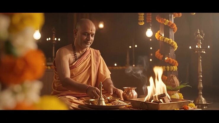 Hindu Priest Performing Traditional Yajna Ritual with Sacred Fire