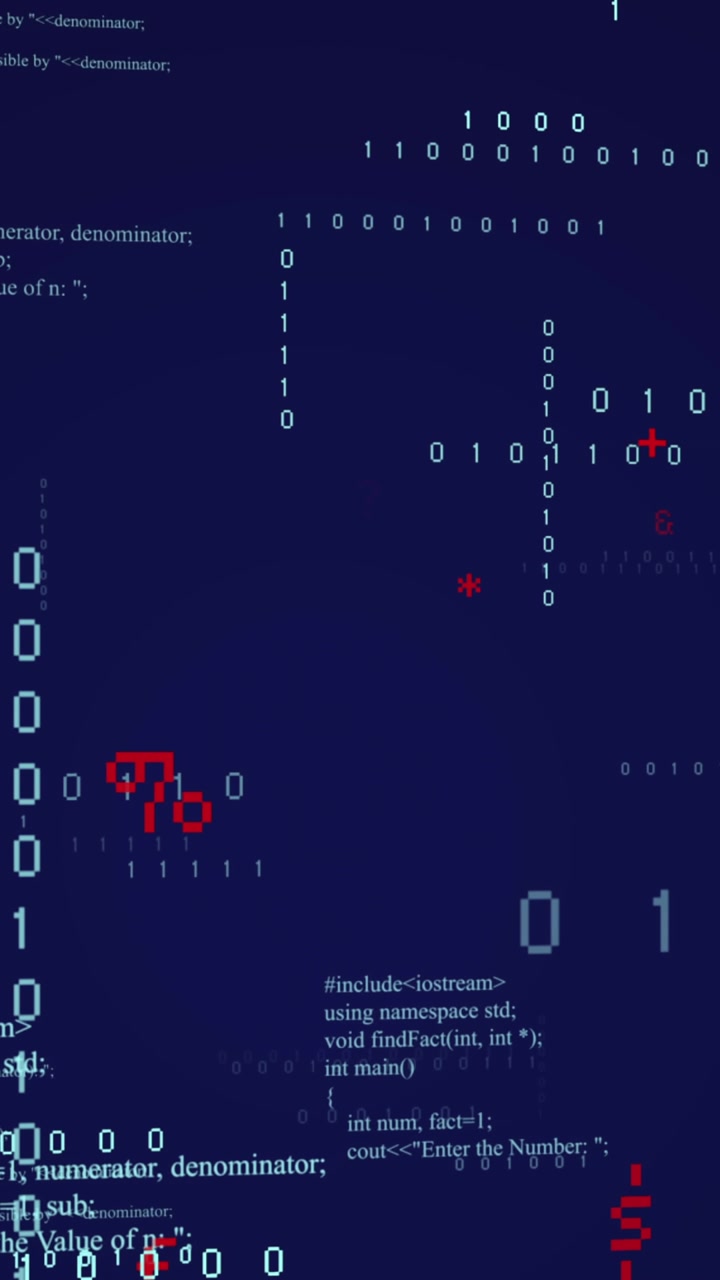 Animation of binary coding data processing and symbols floating against blue background