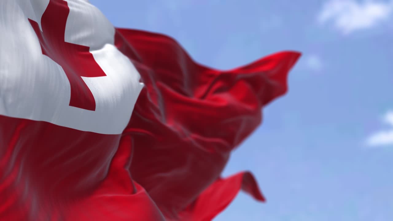 톤가의 국기가 은 날 바람에 흔들리는 상세한 모습