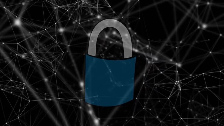 Animazione digitale di una rete di connessioni su un'icona di lucchetto di sicurezza su sfondo nero