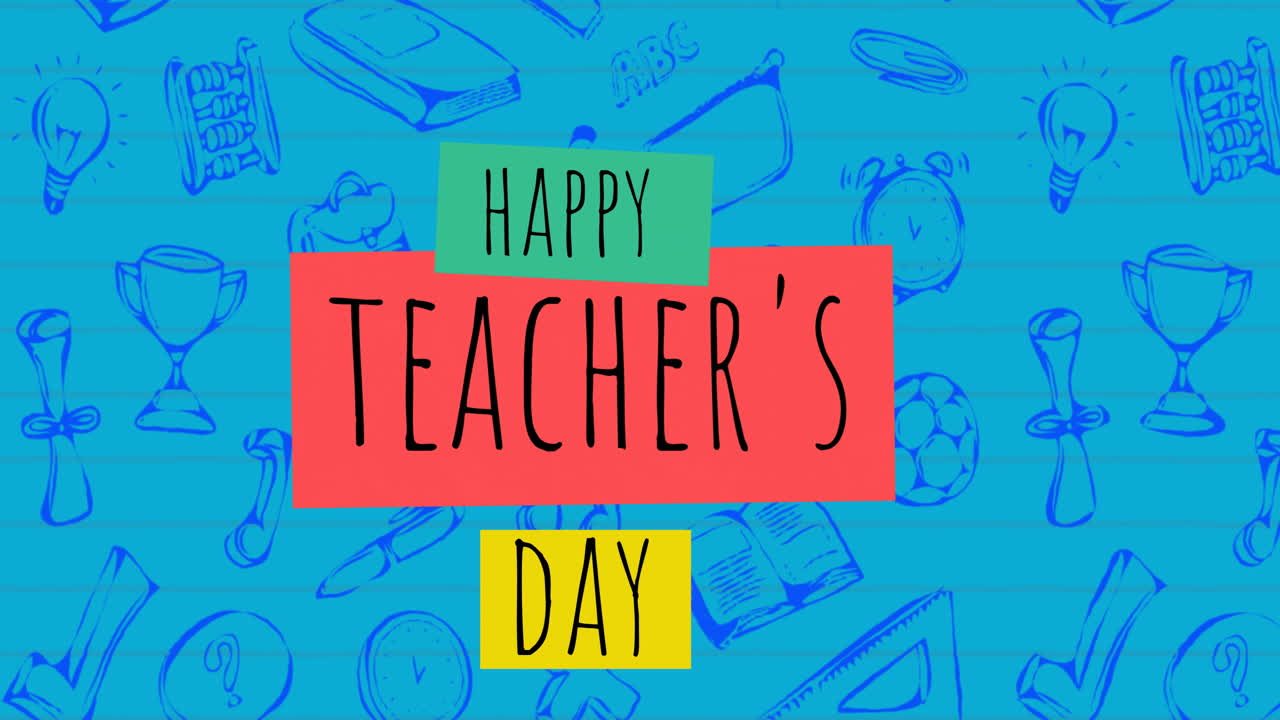 Animação de texto "Feliz Dia do Professor" e ícones de itens escolares em fundo azul