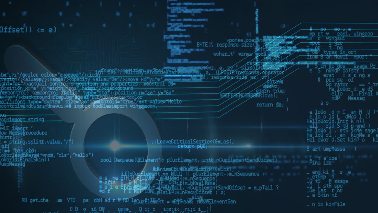 Animation of data processing over magnifying glass icon