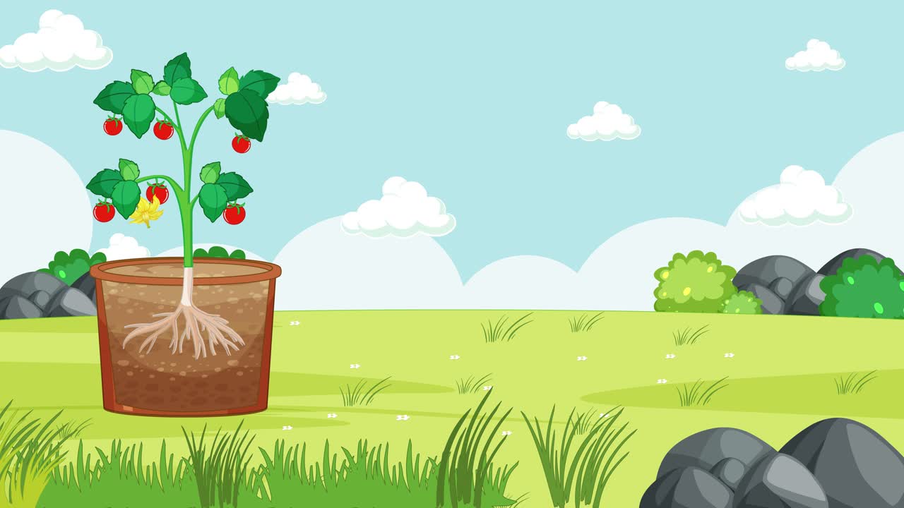 Animação do ciclo de vida da planta de tomate e da estrutura do fruto