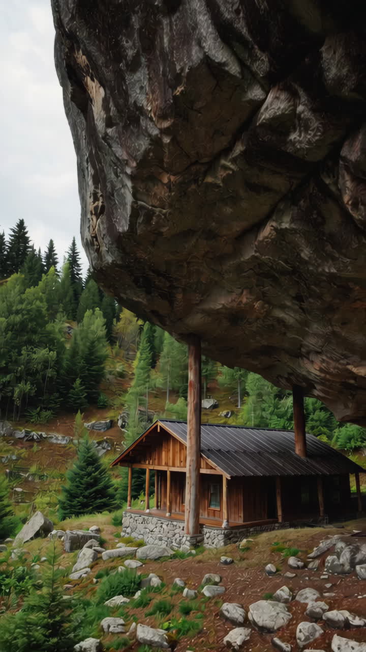 Wooden Cabin Under a Large Rock in a Forest