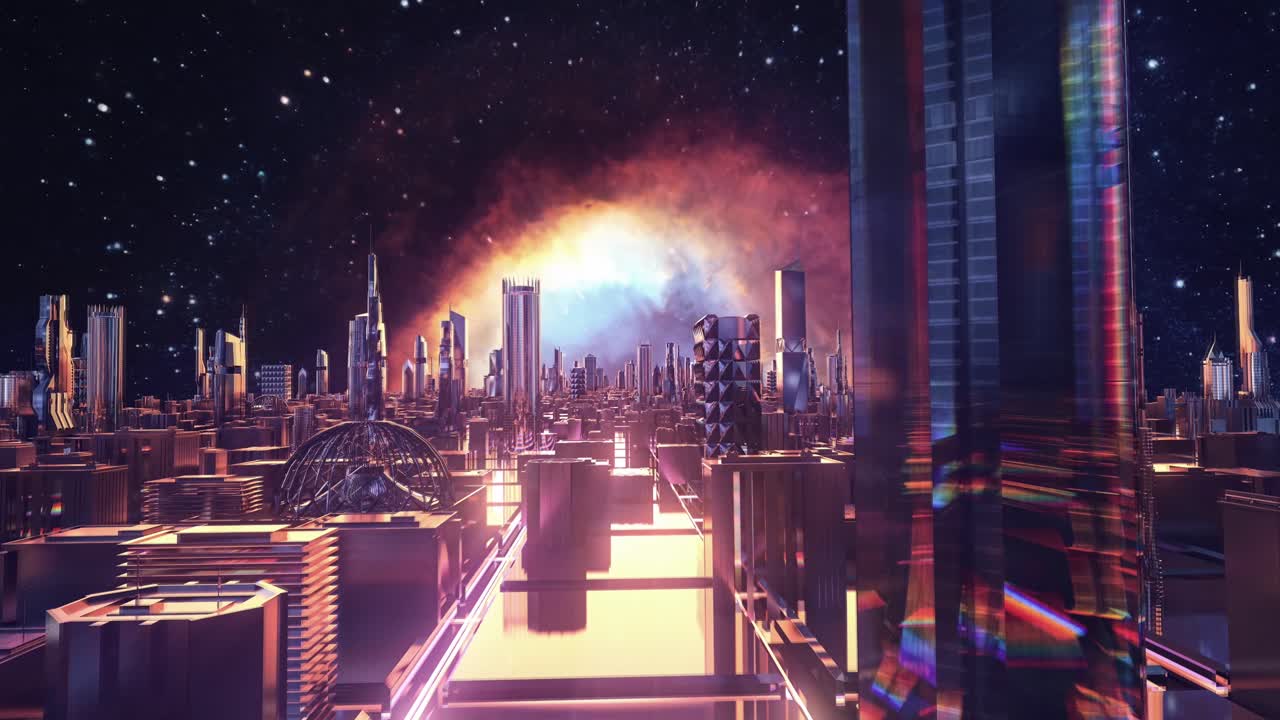 A Futuristic City Under a Glowing Galaxy