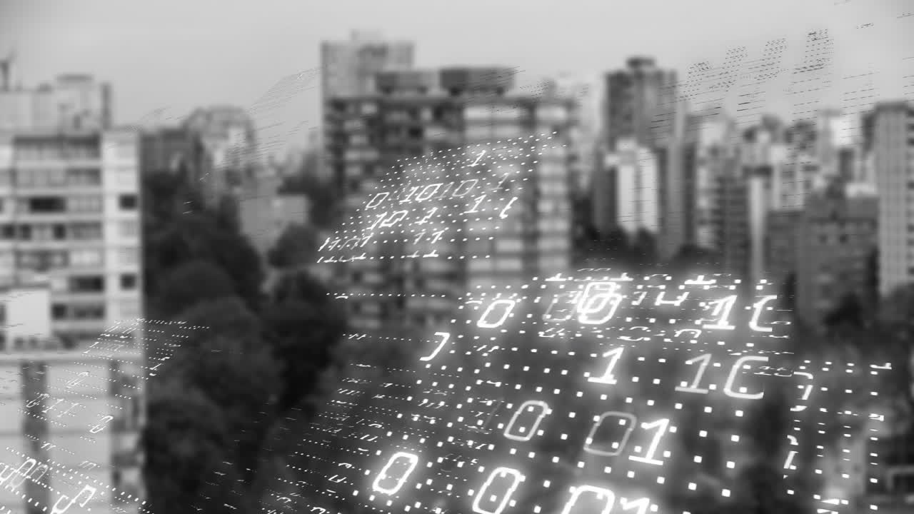 Binary code animation over cityscape with buildings and trees