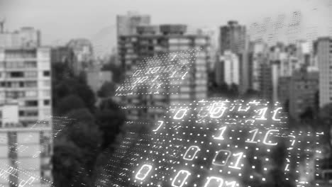 binary code animation over cityscape with buildings and trees