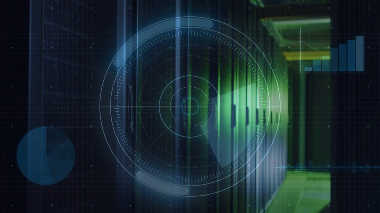 HUD and server racks pulsing after ring pulse, pie and bar charts updating for system health