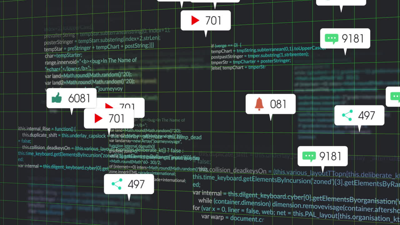 Interface displaying floating speech bubbles over green grid showing JS code and engagement icons