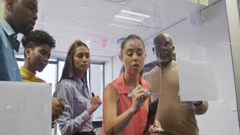 diversos colegas de negocios masculinos y femeninos tomando notas en la pared de vidrio y hablando en la oficina