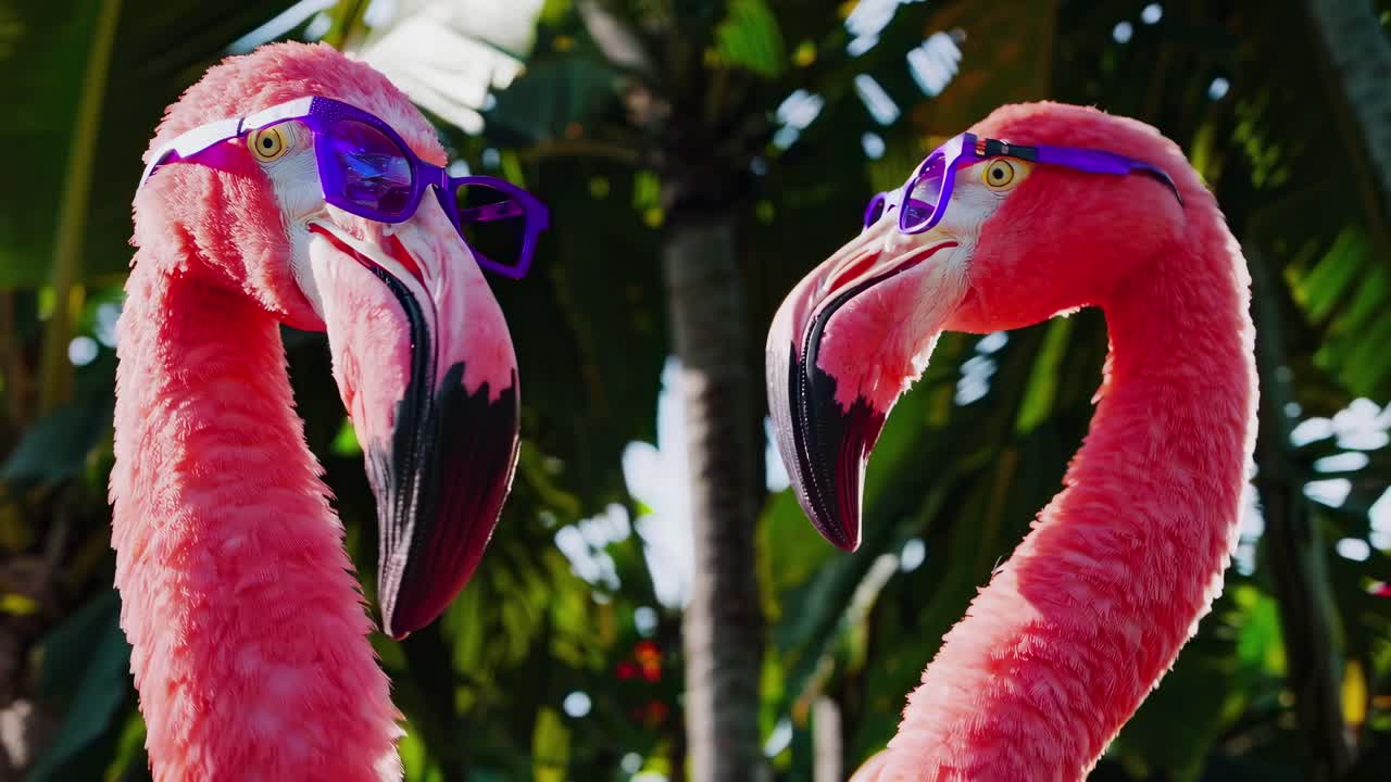 Close-up video of two flamingos wearing sunglasses, captured from a low angle