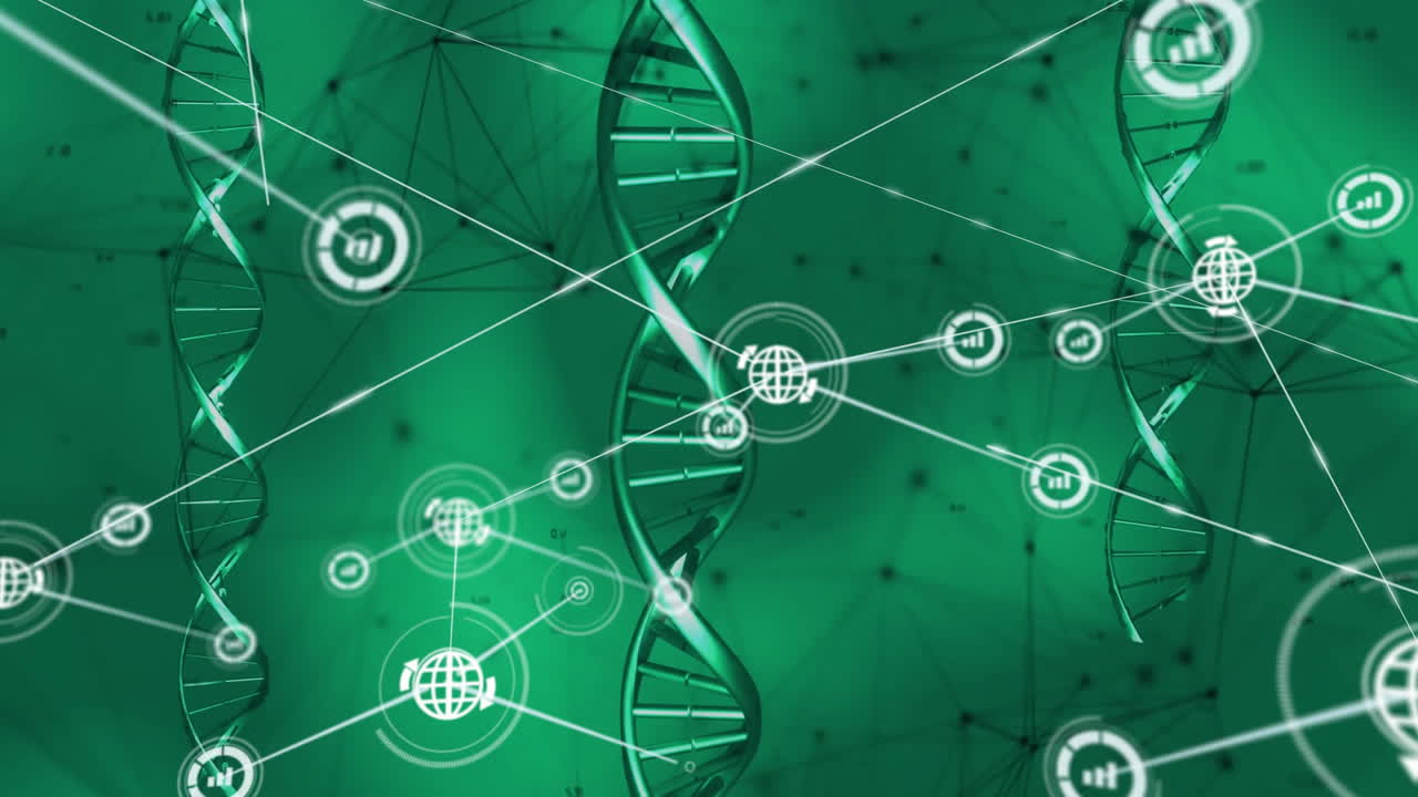 Animation of DNA strand with network connections on green background