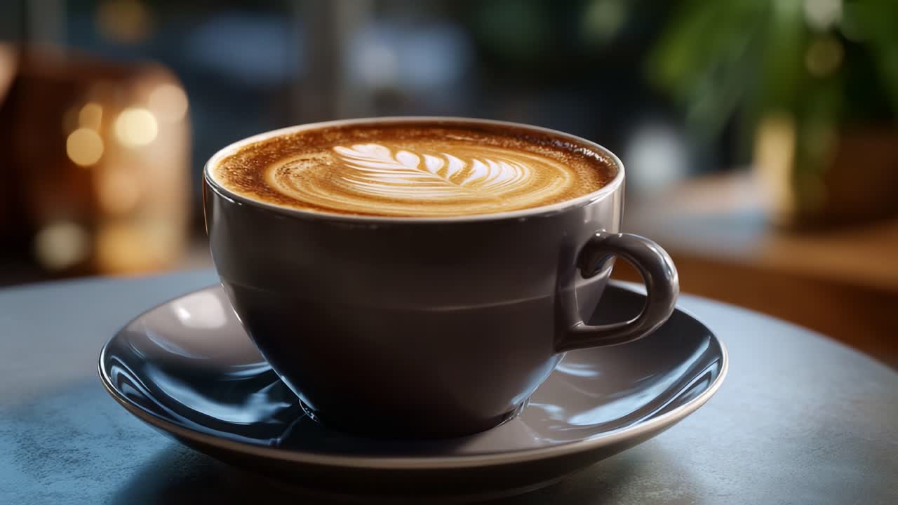 En smukt udformet latte serveret i en elegant kop, der viser indviklet latte art og en varm stemning, perfekt til kaffeentusiaster og feinschmeckere