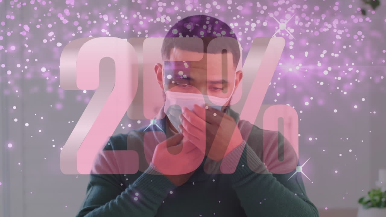 얼굴 마스크를 입은 여성 위에 판매 텍스트의 애니메이션