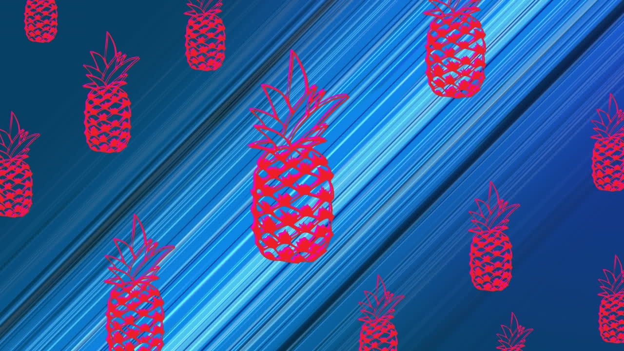 animación de piña rosa repetida sobre un fondo de rayas azules