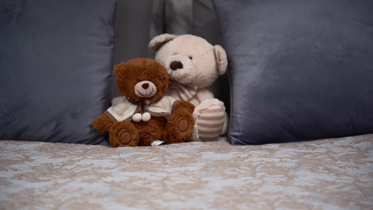 Two Teddy Bears on the double, grey bed