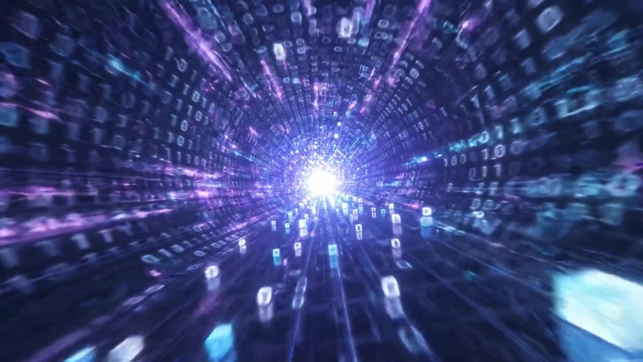 A mesmerizing journey through an energetic digital tunnel illuminated by vibrant light, showcasing the dynamic flow of binary data in a virtual realm
