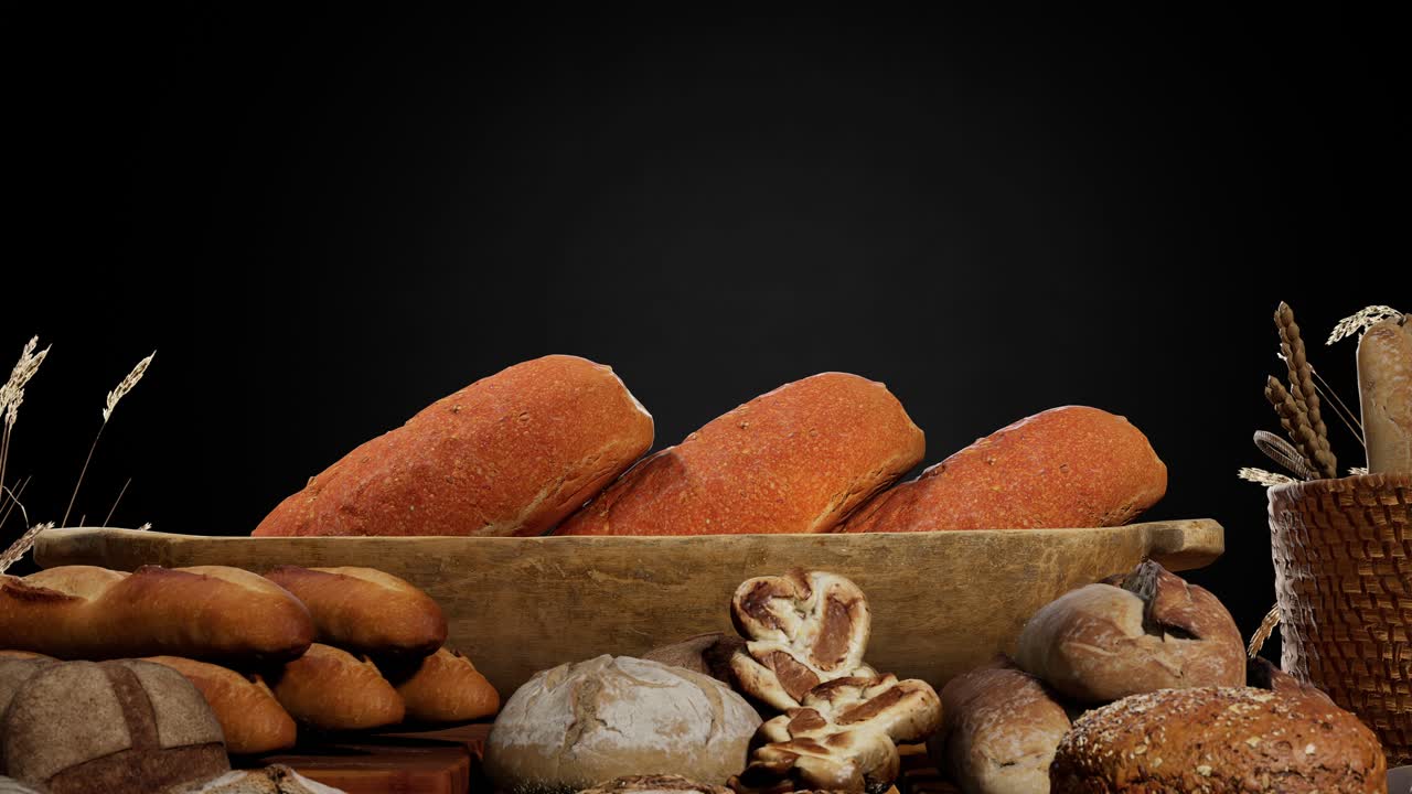 Different Types Of Fresh Bread On Table, Black Background