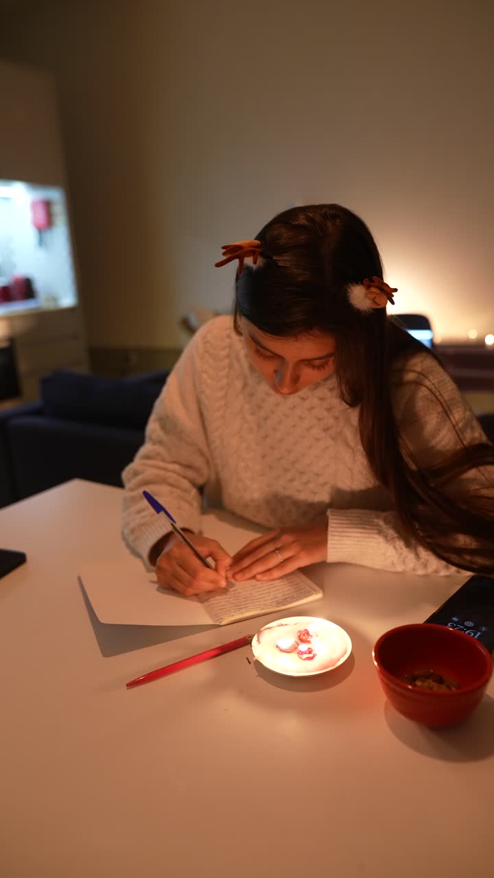 mujer escribiendo por la noche