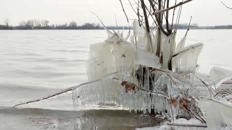 low shot of lake with frozen shore with ice