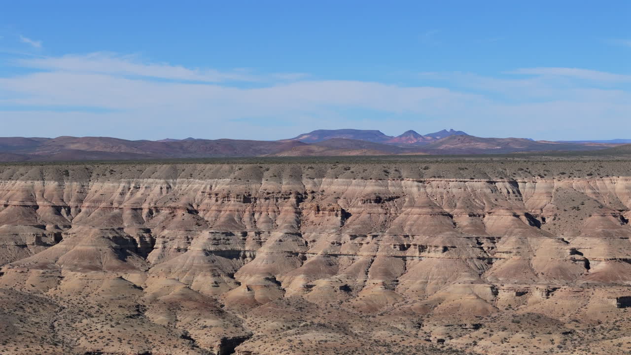 Panorama drone view of the eroded canyon walls under the blue sky vista, Patagonia Chubut, Argentina.