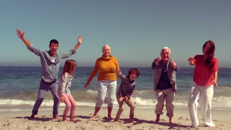 happy family jumping with hands up