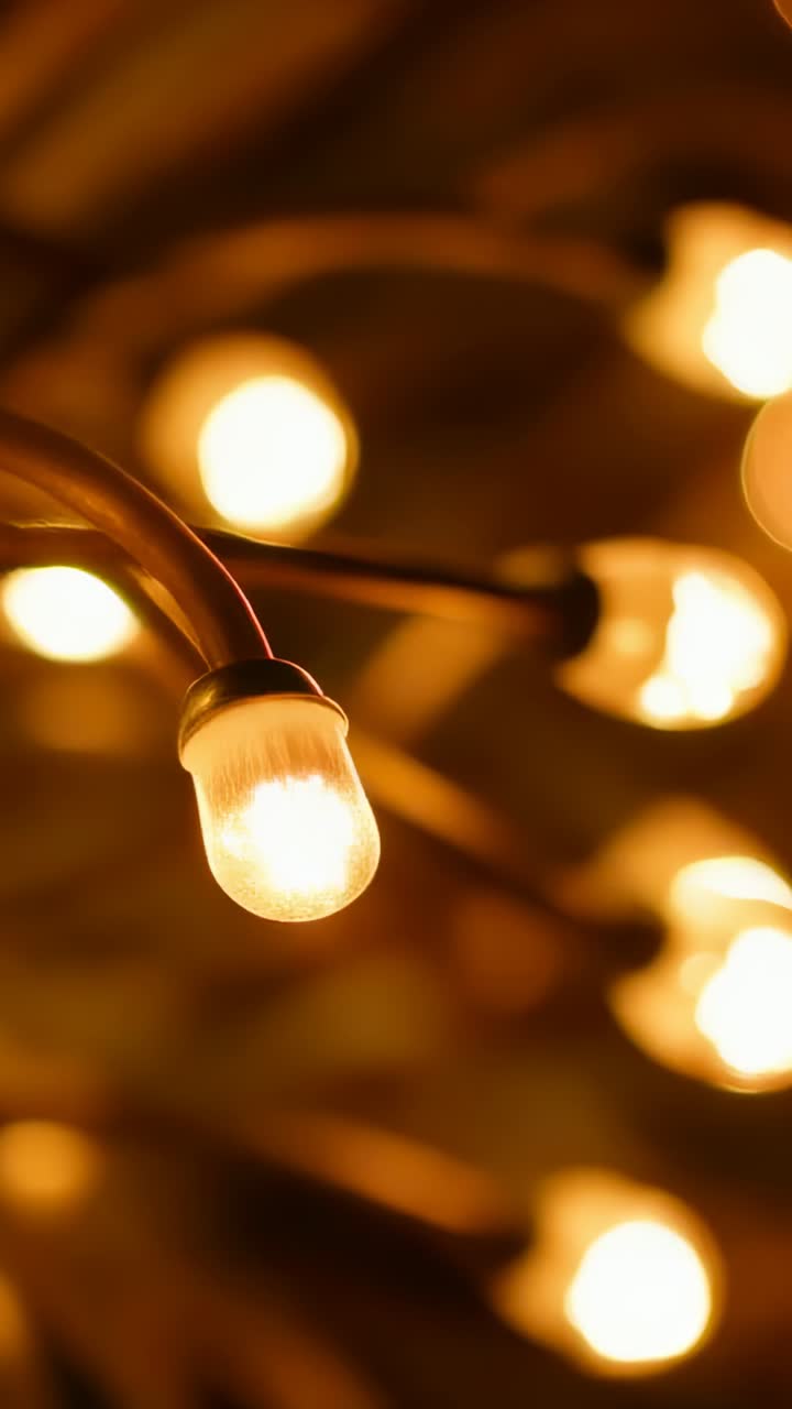 Vertical video: Shifting camera revealing warm LED cluster in dim room, creating bokeh with wires