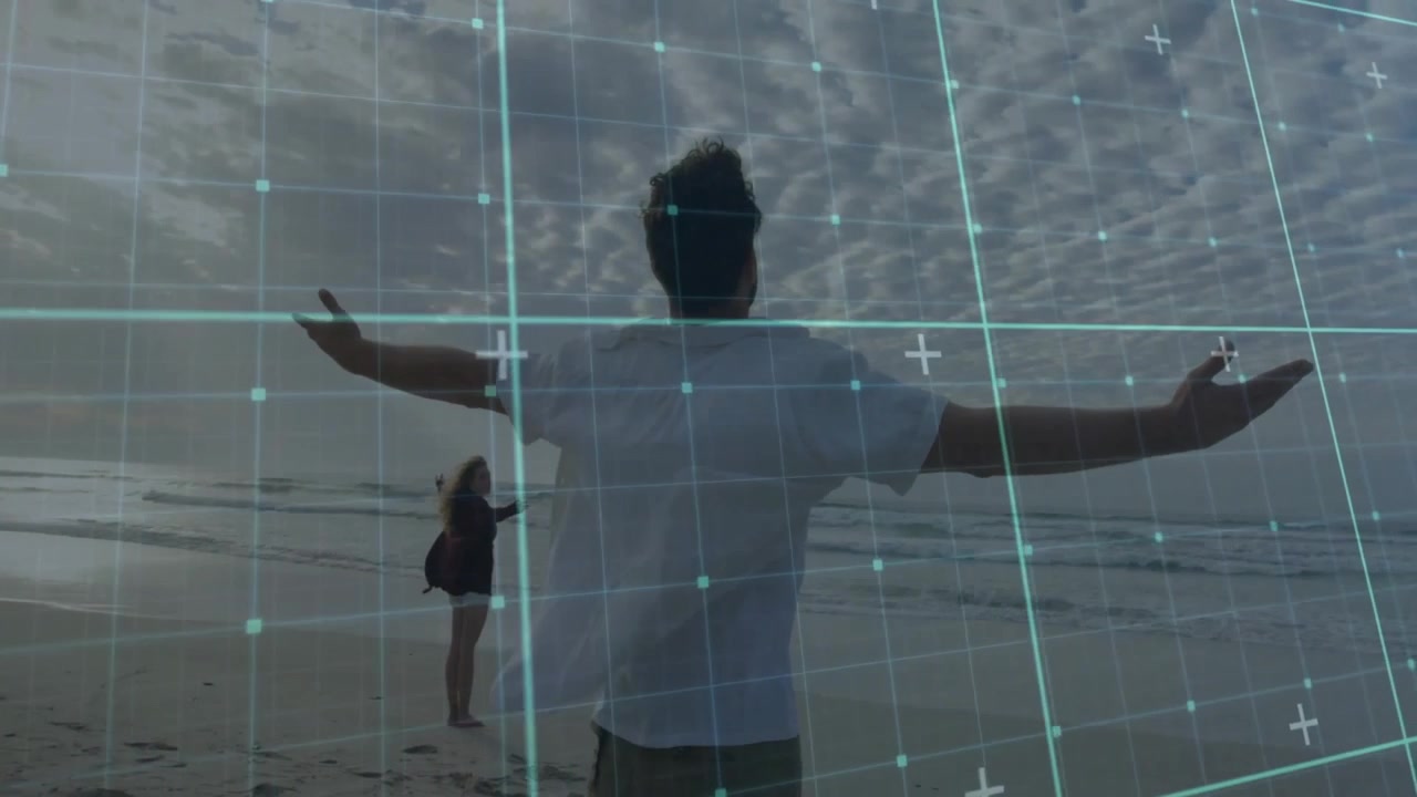 Mid adult man holding arms wide on beach grid appearing urging woman joining growing tech overlay