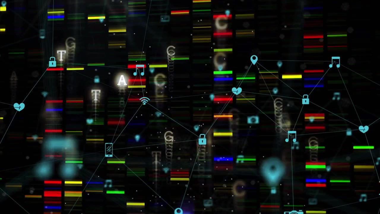 Cyan glyphs appearing, forming network, color bars shifting, icons linking, showing data flow
