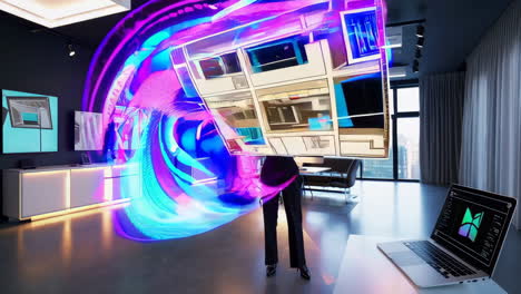 woman interacting with holographic 3d models in a modern virtual reality environment