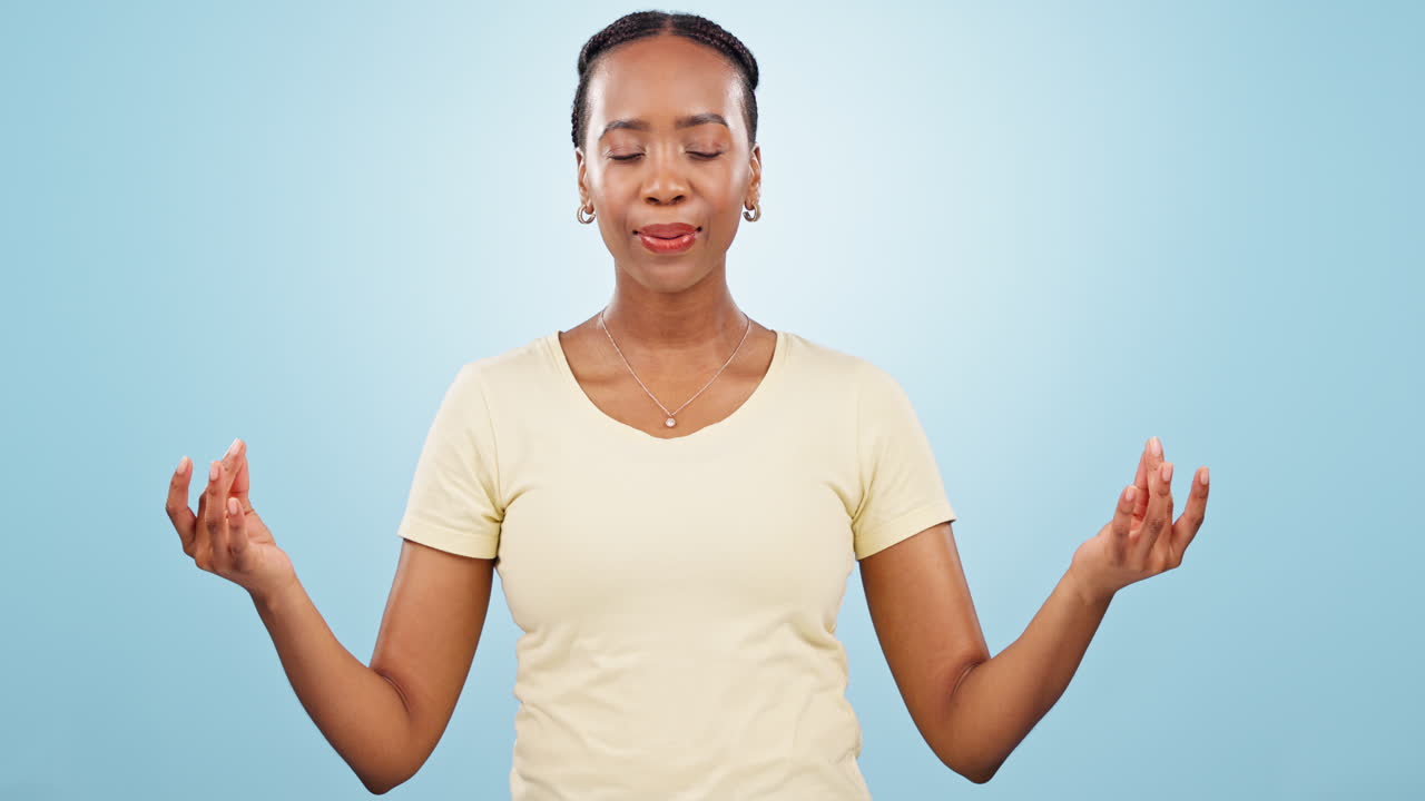 Calm, meditation and woman breathing in a studio