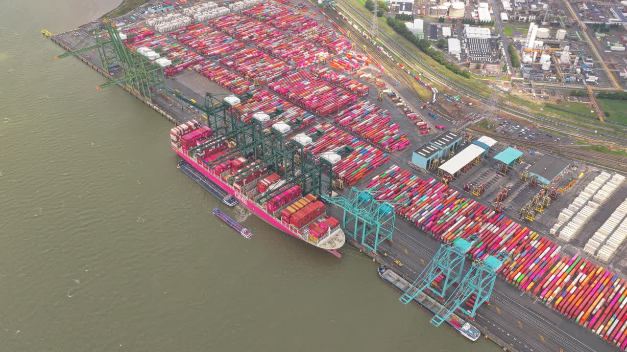 Port of Antwerp shipping terminal, container vessels docked, Belgium