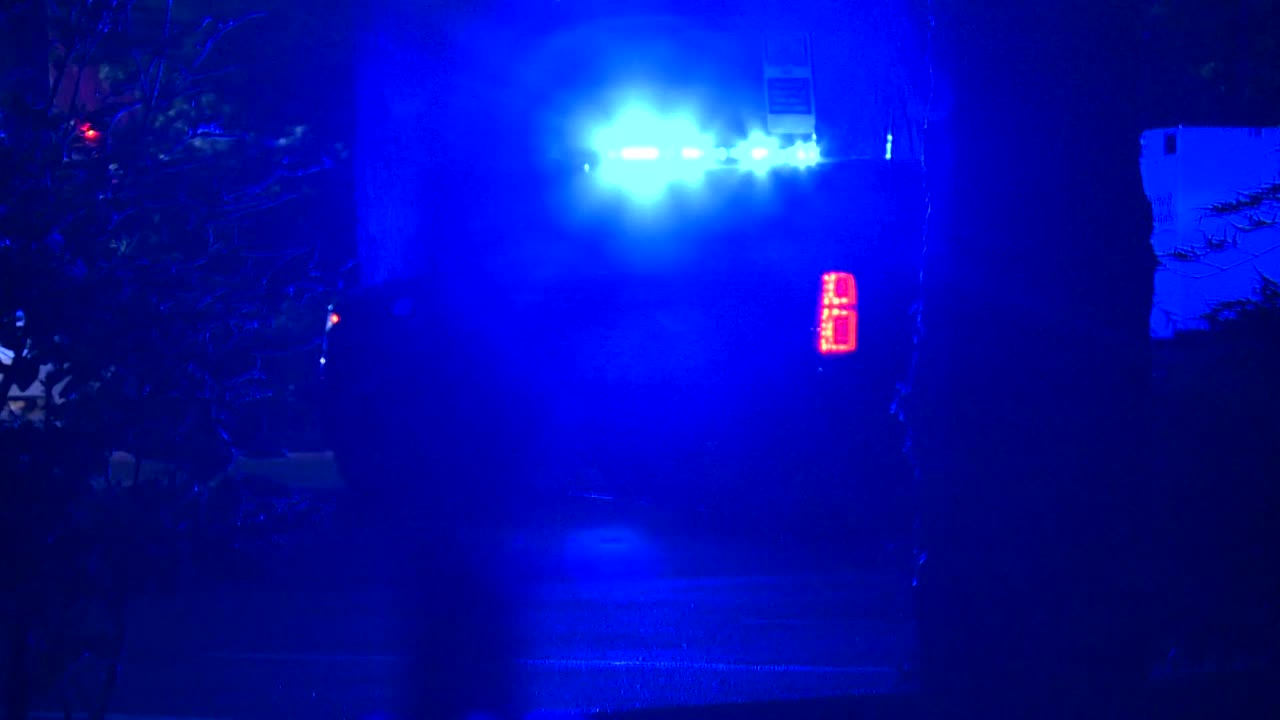 PARKED POLICE CRUISER WITH LIGHT ON AT NIGHT