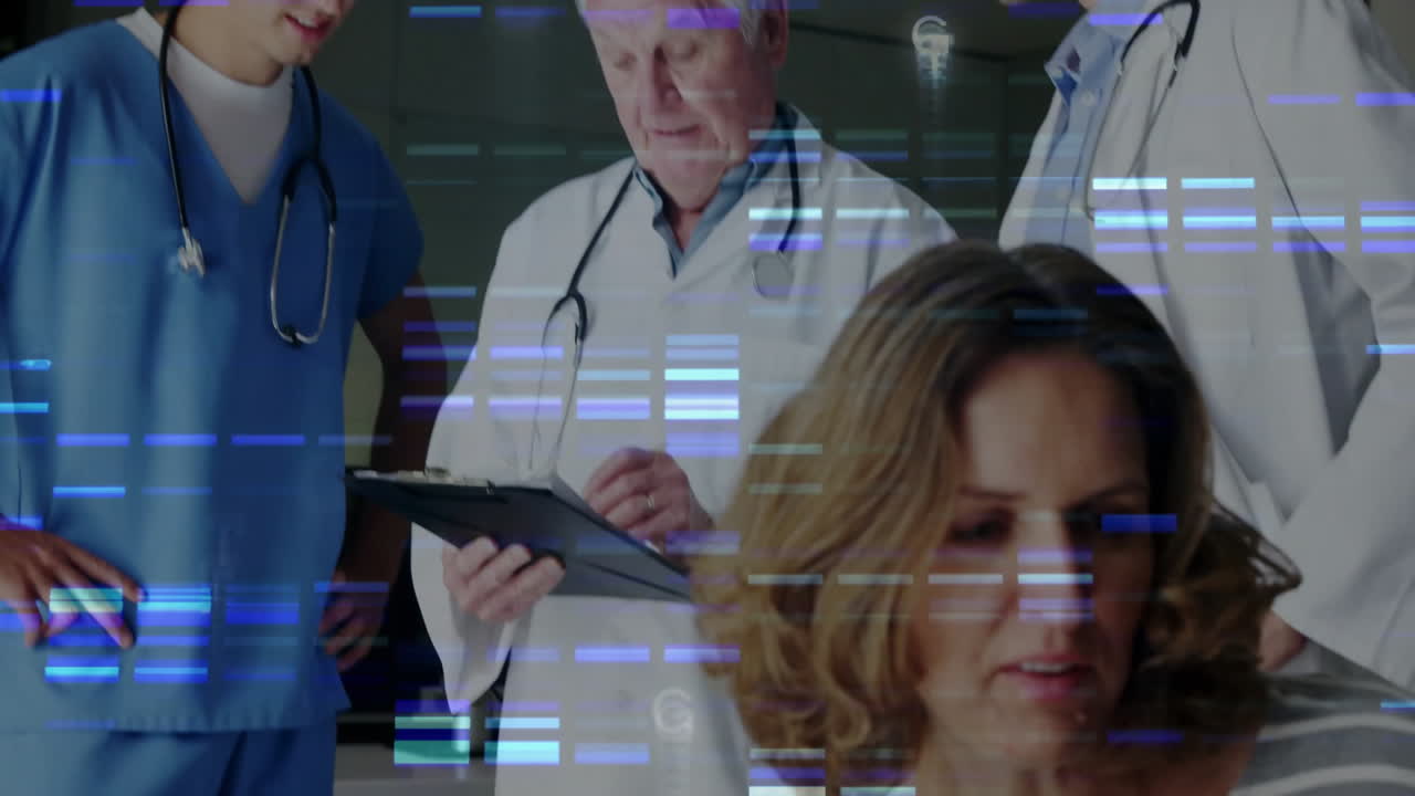 Discussing patient data, doctors with DNA sequencing animation in hospital office