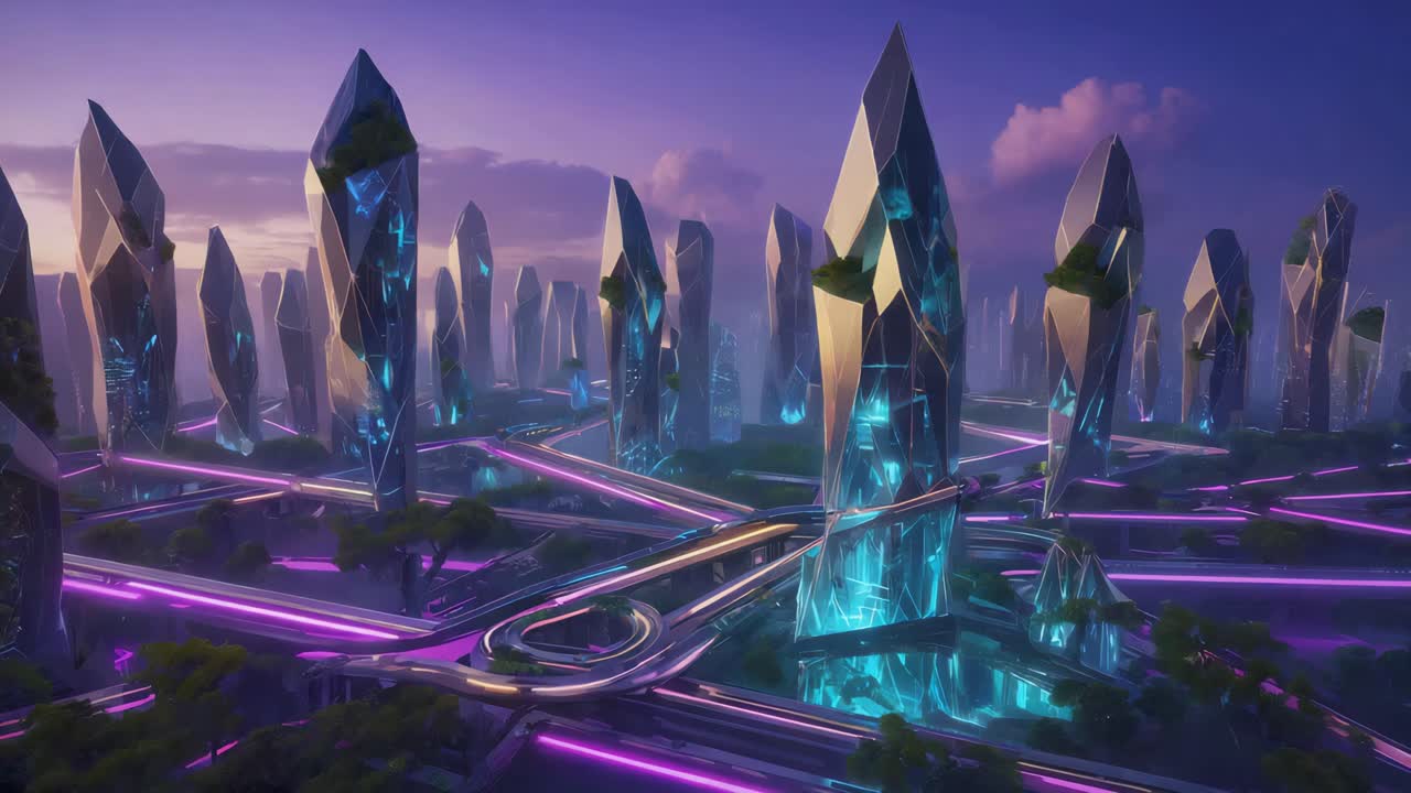 Futuristic Cityscape with Crystal Towers and Neon Lights