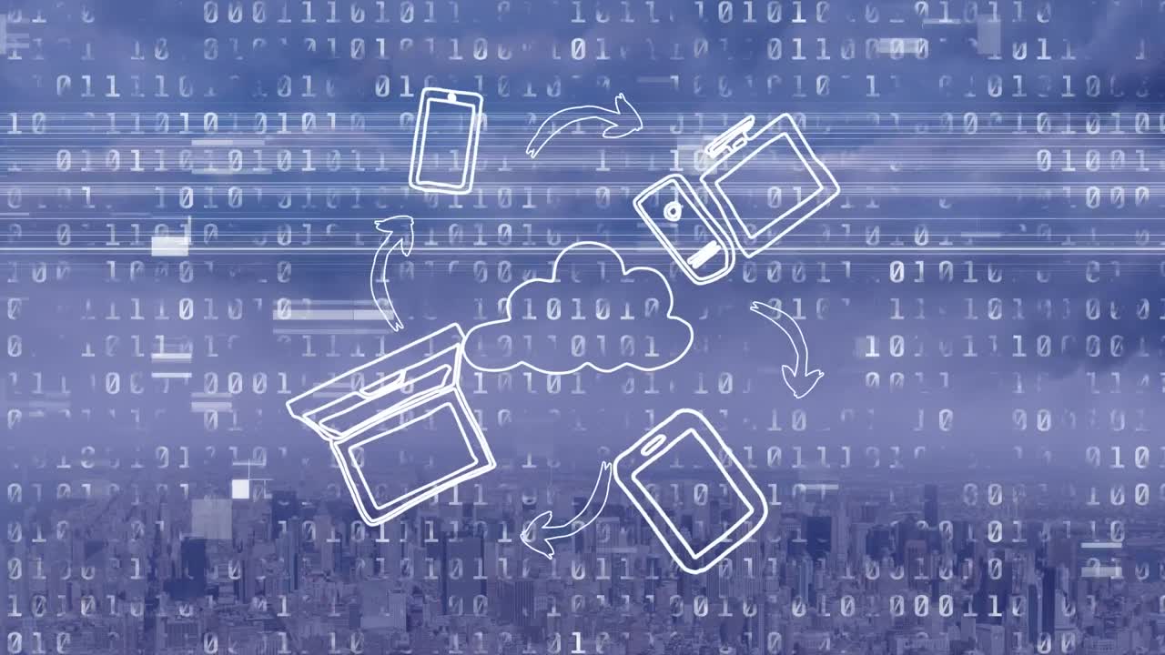 도시 풍경 위의 아이콘으로 데이터 처리의 애니메이션