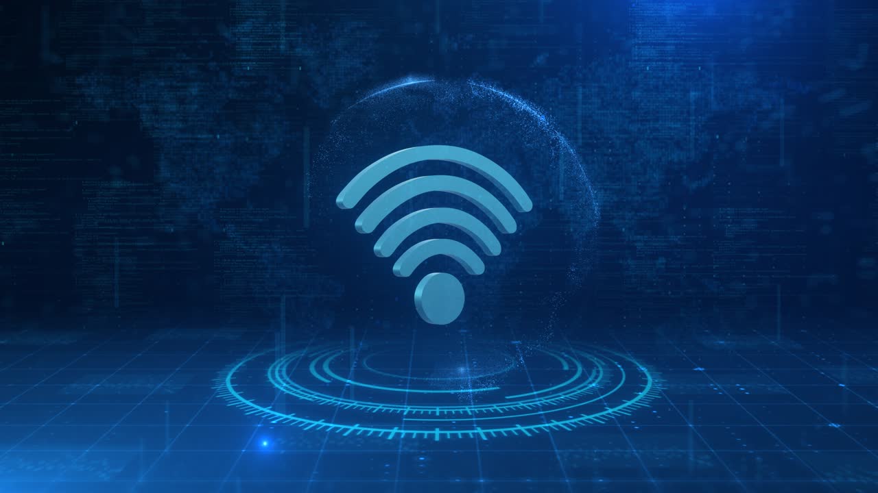 Rotating Futuristic 3D WiFi Icon over Digital Globe and World Map