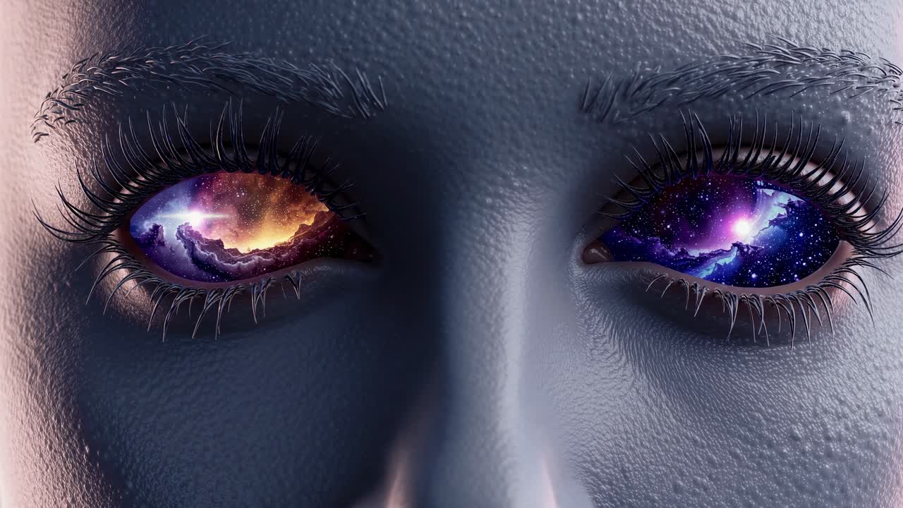 Close up of humanoid face with cosmic eyes reflecting nebulae and distant galaxies, creating a surreal and evocative image exploring themes of connection, perception, and the universe within