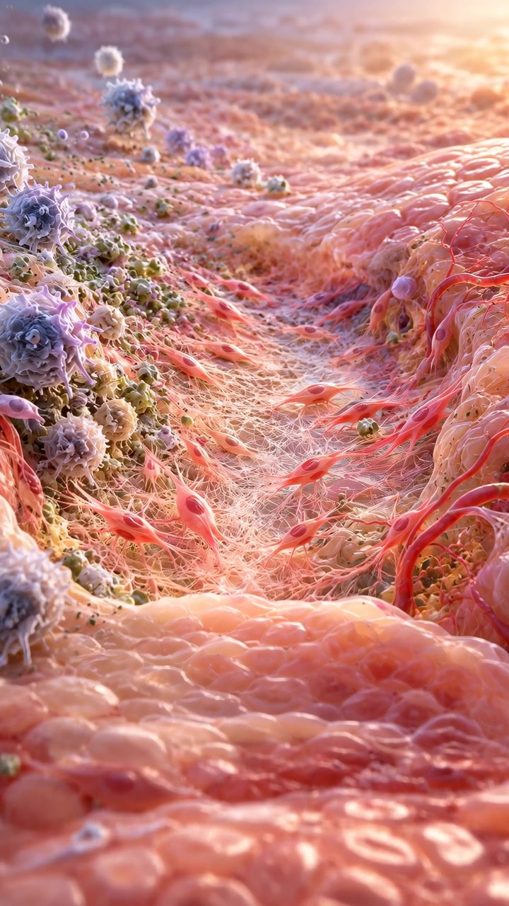 Cellule rosse allungate viaggiano attraverso dense fibre pallide mentre forme cellulari viola e verdi rivestono pareti di tessuto rosa irregolari, incorniciate da una messa a fuoco morbida e una calda illuminazione dorata