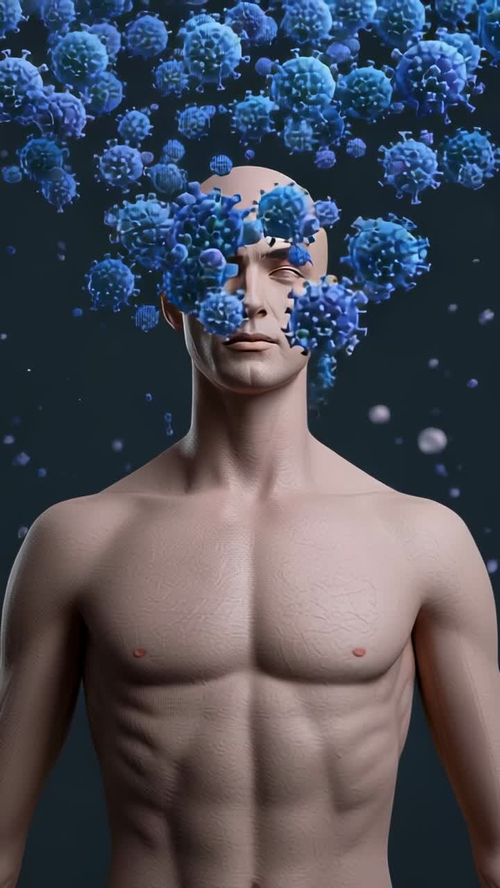 Video verticale: scena iniziale che mostra un modello a torso nudo di fronte a sfere virali blu turbinanti nel vuoto