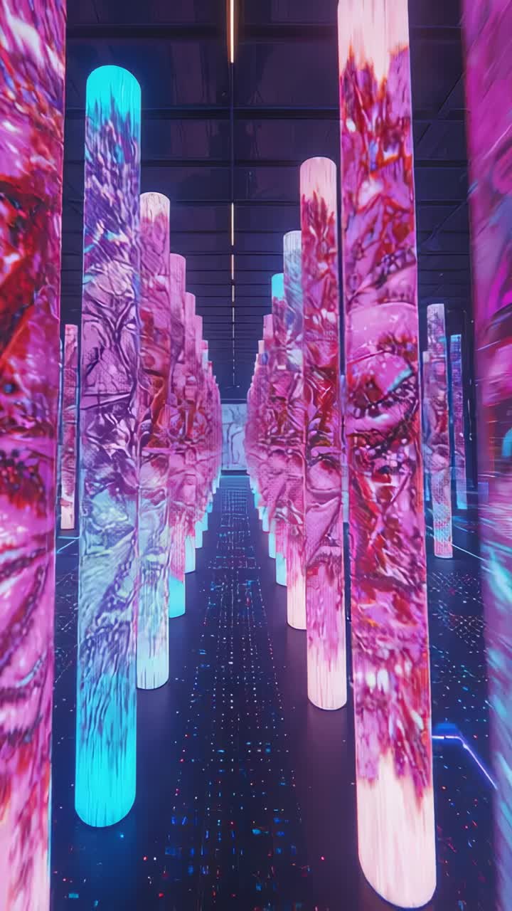 Vertical video: Moving camera showcasing LED pillars cycling magenta forms in gallery shiny floor