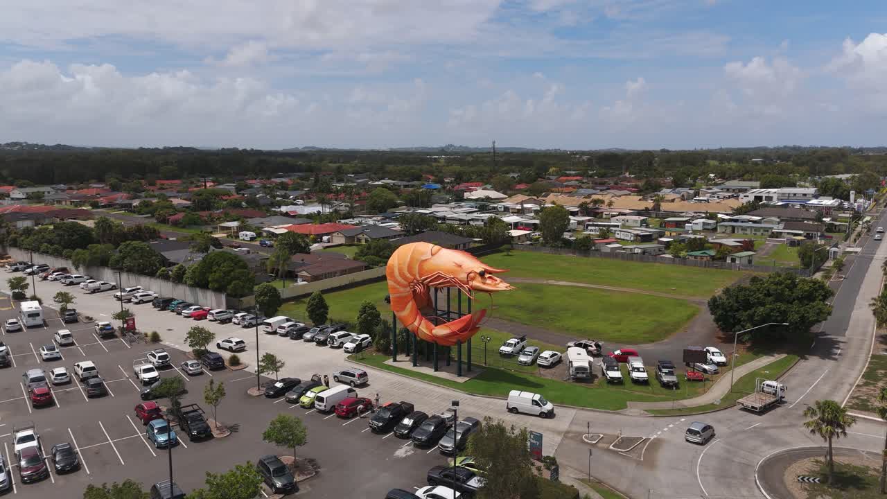 Aerial view of the Big Prawn Statue in Ballina, Australia.